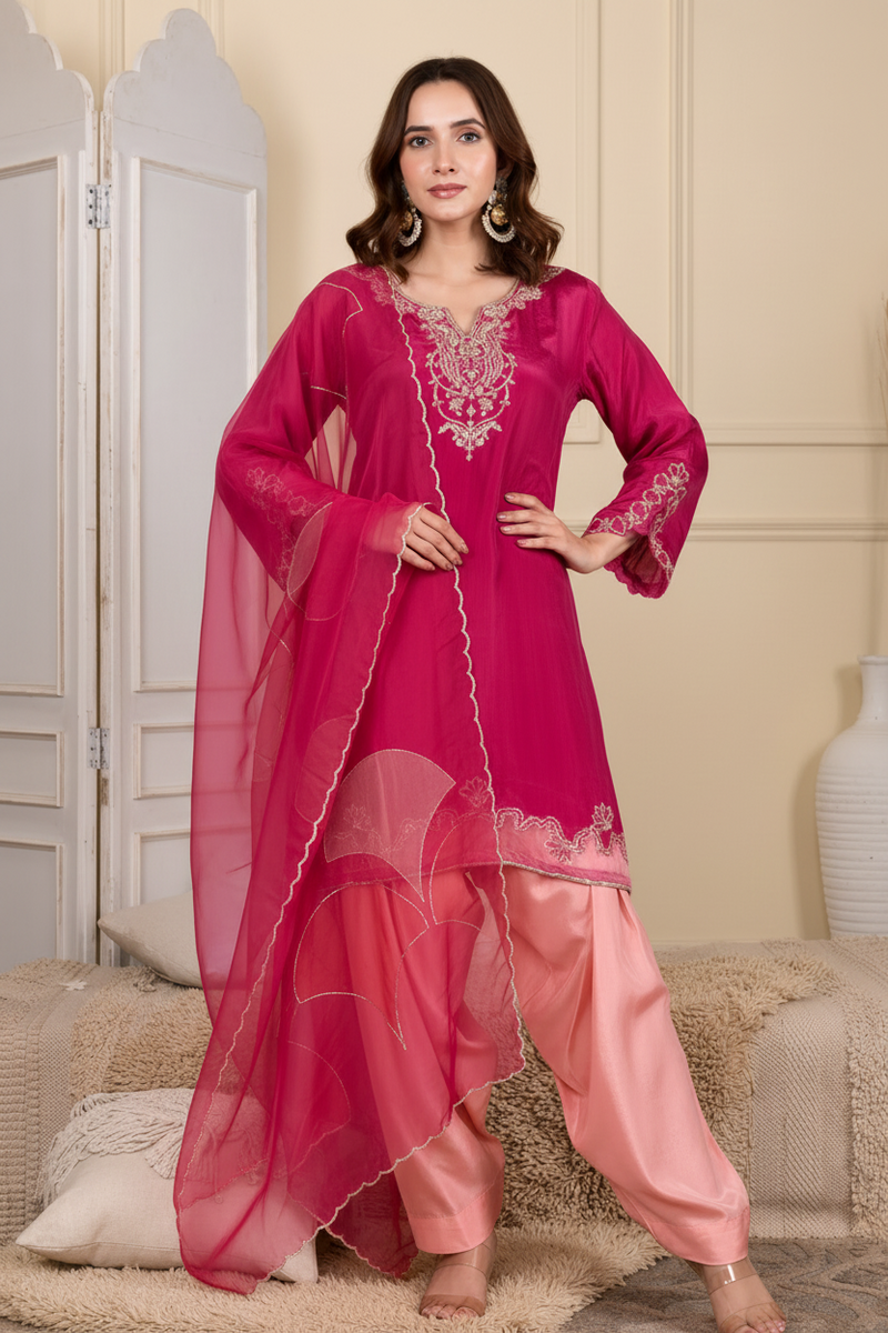 Pink Handwork Farshi Salwar Set with Organza Dupatta