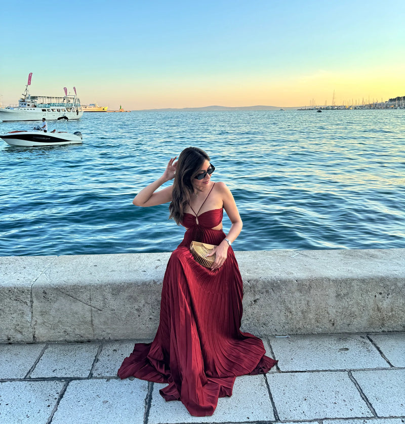 pleated maxi dress