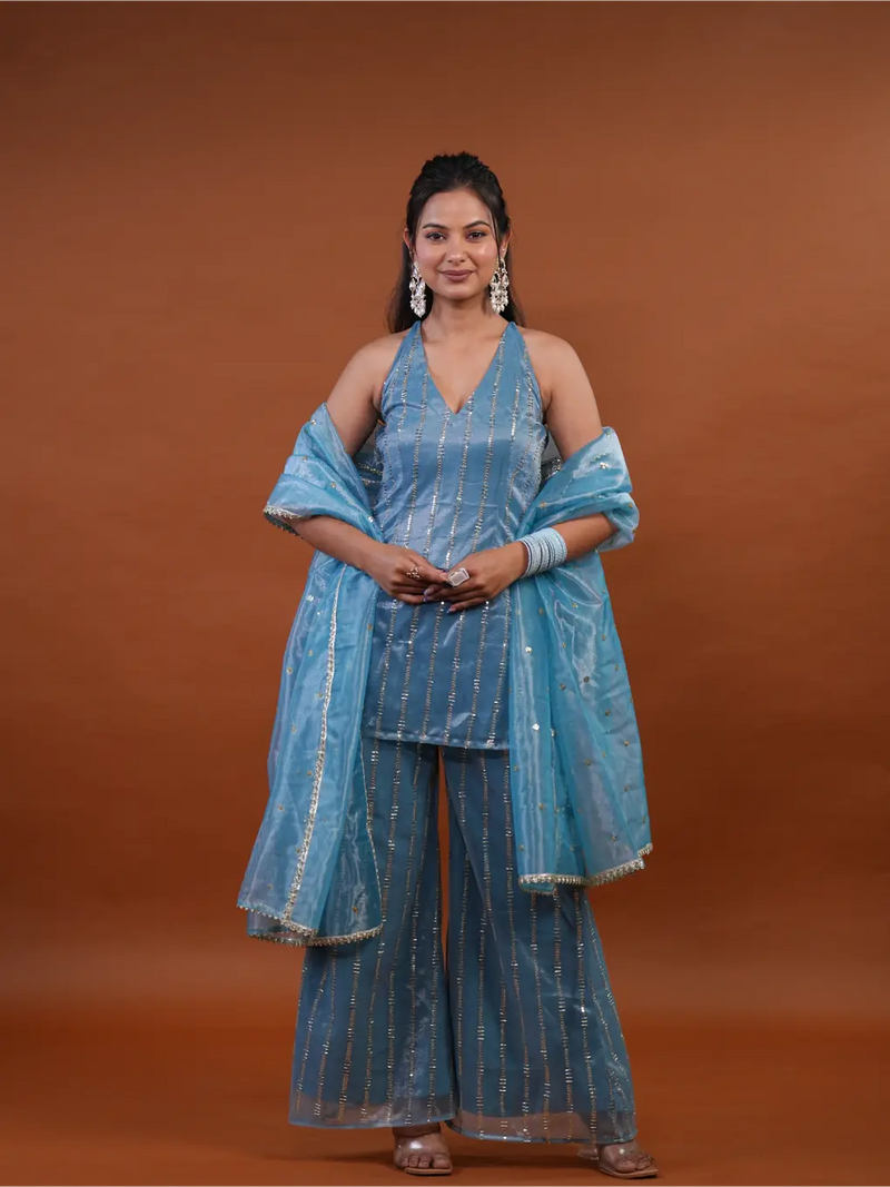Azure Shimmer Sequin Sharara Set