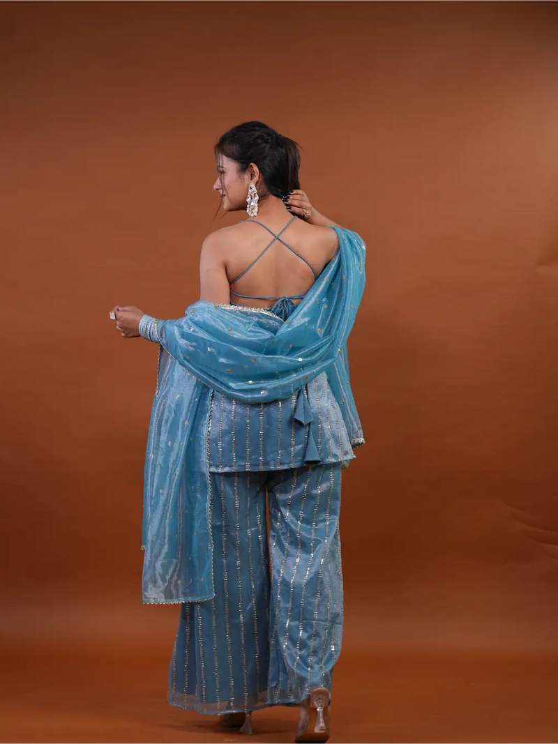 Azure Shimmer Sequin Sharara Set