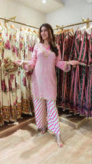 Heavy Muslin Pink Striped Kurta Pant Set
