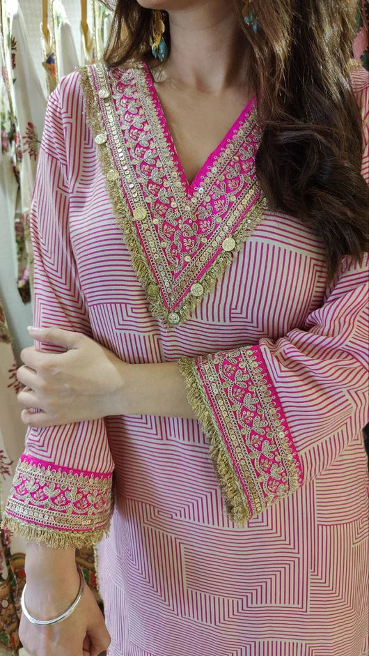 Heavy Muslin Pink Striped Kurta Pant Set