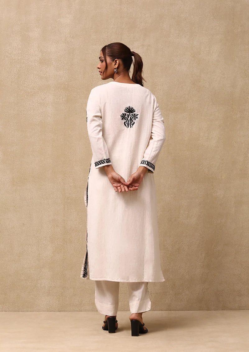 Solid Cotton Linen Women's 2PC Long Kurta Set - Off White