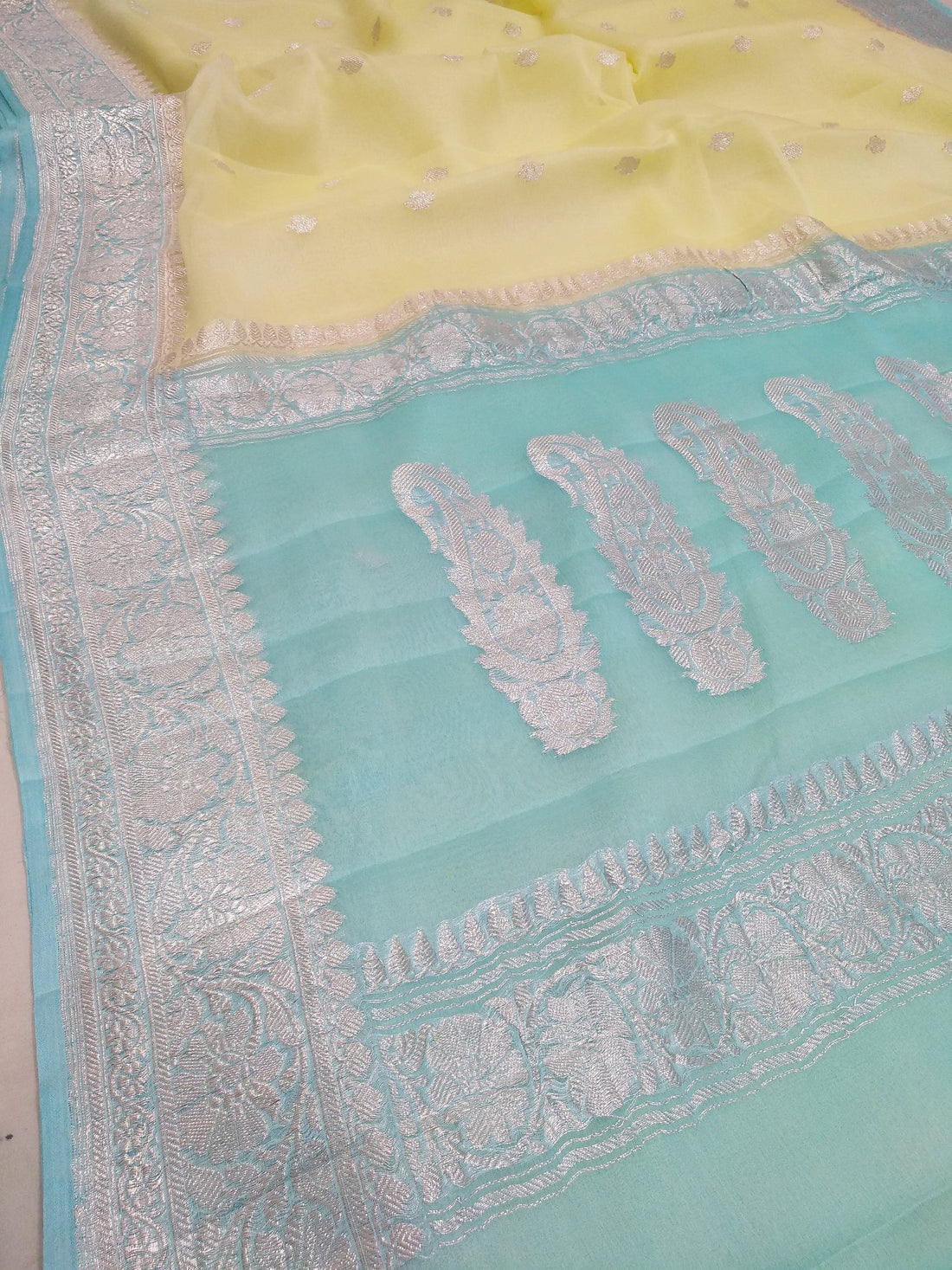 Pastel Yellow & Aqua Blue Banarasi Pure Chiffon Silk Saree with Silver Zari Work
