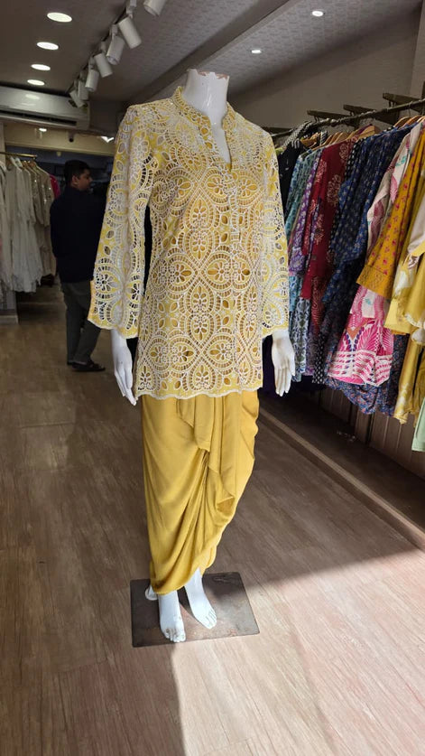 Pink Cutwork Kurta Dhoti Set