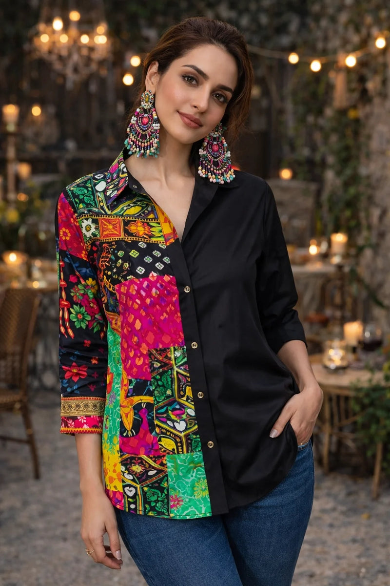 Woman Multicolor Patchwork Fusion Shirt