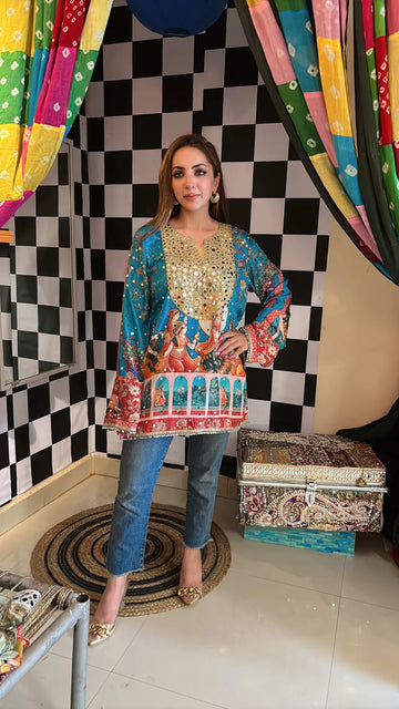 Teal Blue Crepe Mirror Kurta