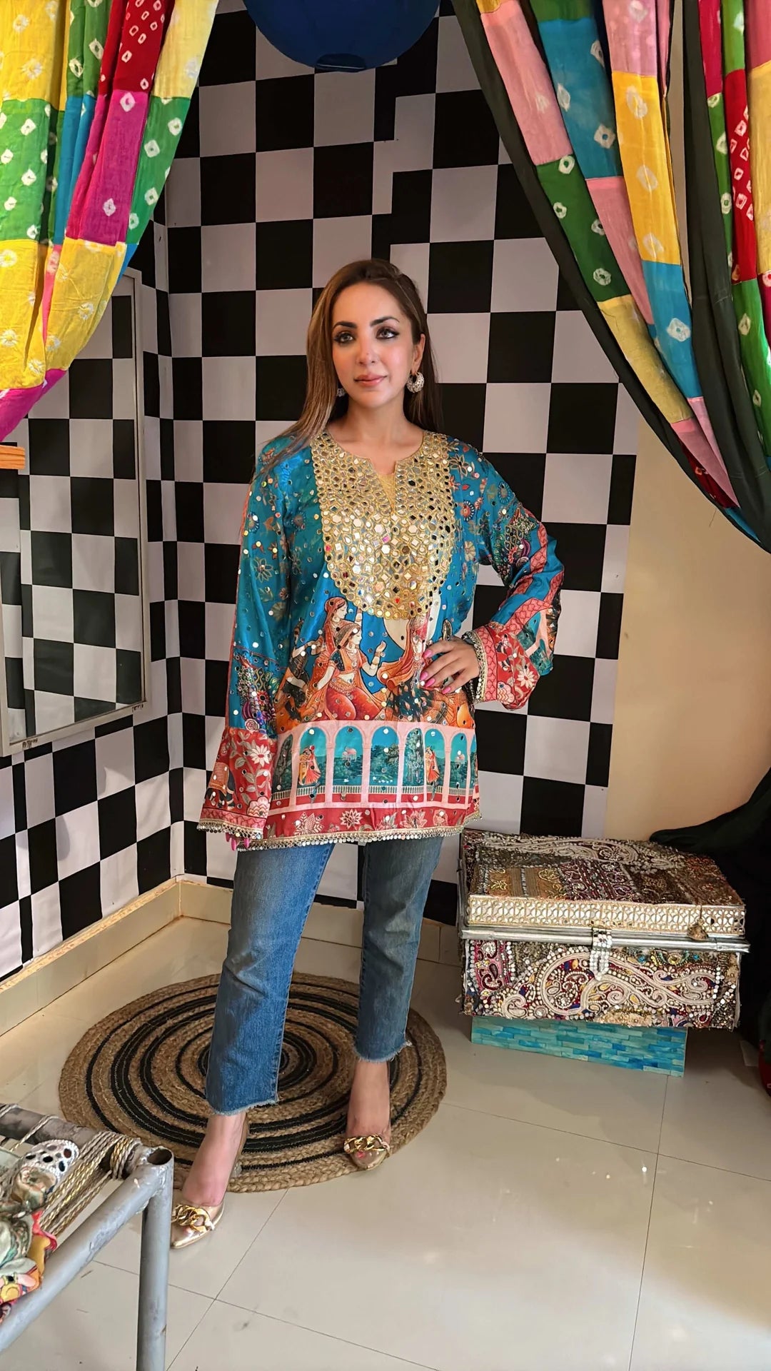 Teal Blue Crepe Mirror Kurta