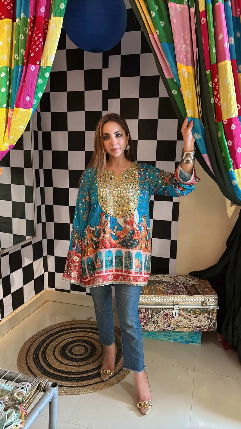 Teal Blue Crepe Mirror Kurta
