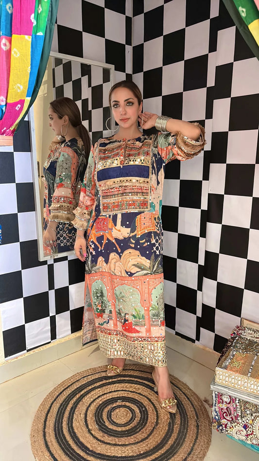 Royal Crepe Mirror Embroidered Maxi Kurta Dress