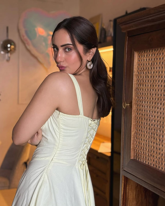 yellow corset dress with adjustable back