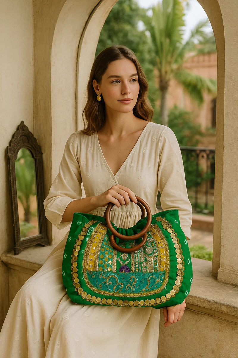 Green Bandhini Ethnic Boho Bag