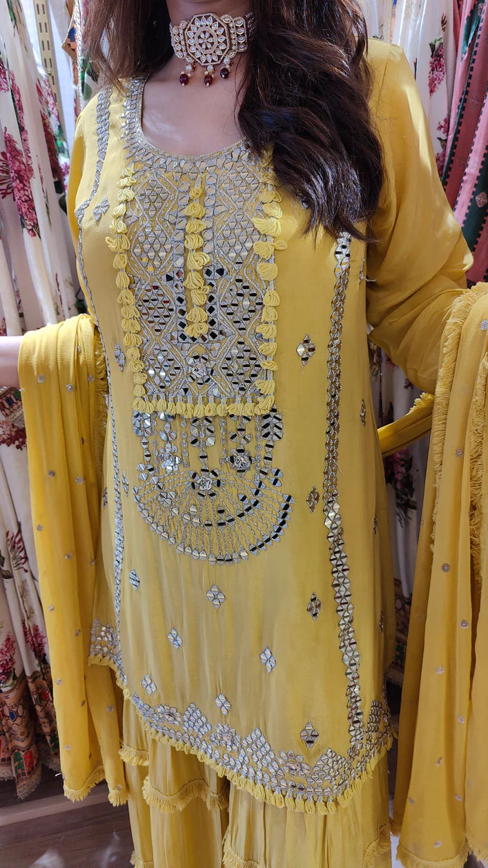 Champagne Grey Mirror Work Sharara Set