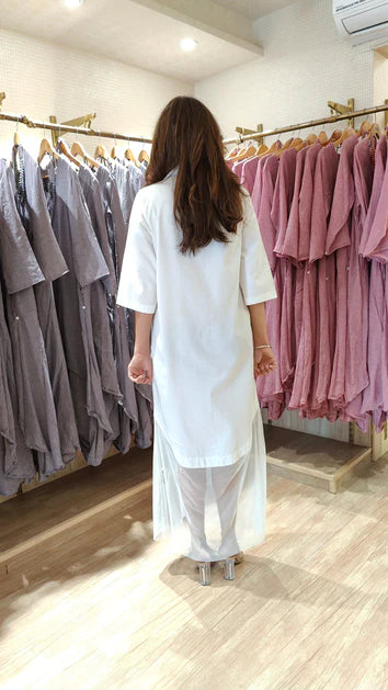 Hand Embellished White Shirt Dress With Net