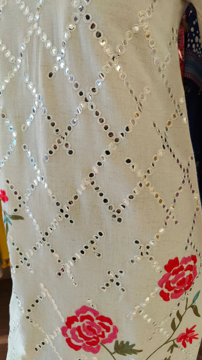 Off White and Pink Rose Kaftan Dress