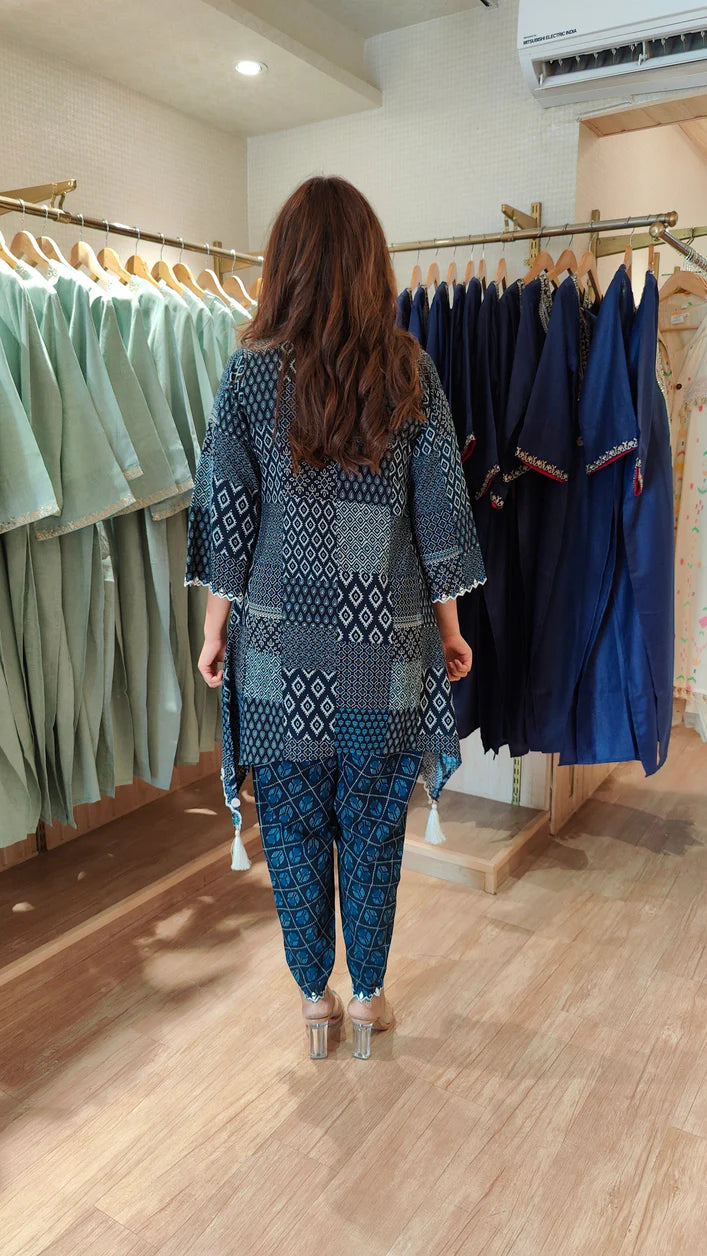 Indigo Blue Printed Patchwork Kurta Set