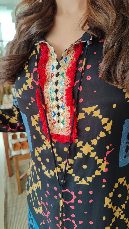 Mehfil Black & Mustard Floral Muslin Silk Kurta Set
