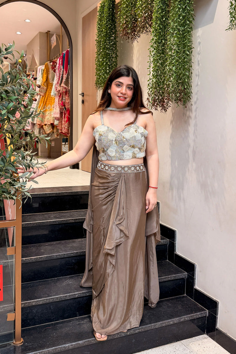 Henamontana Taupe Chinon Skirt Set Lehenga