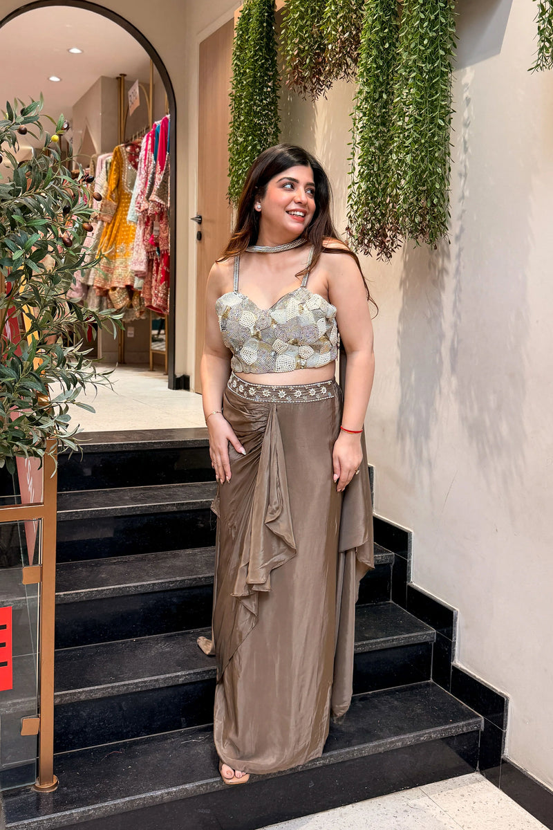 Henamontana Taupe Chinon Skirt Set Lehenga