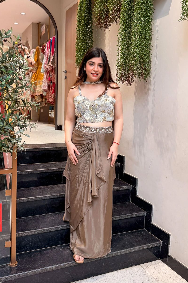 Henamontana Taupe Chinon Skirt Set Lehenga