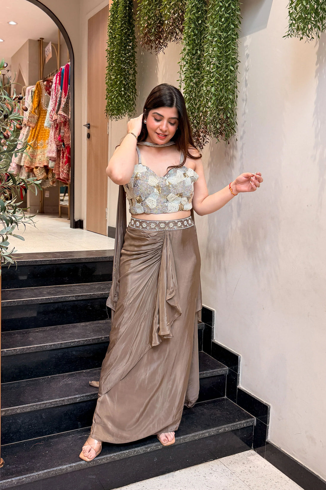 Henamontana Taupe Chinon Skirt Set Lehenga