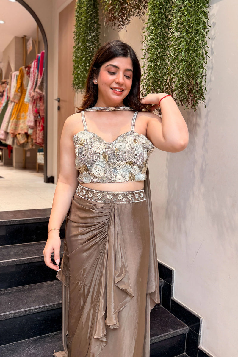 Henamontana Taupe Chinon Skirt Set Lehenga