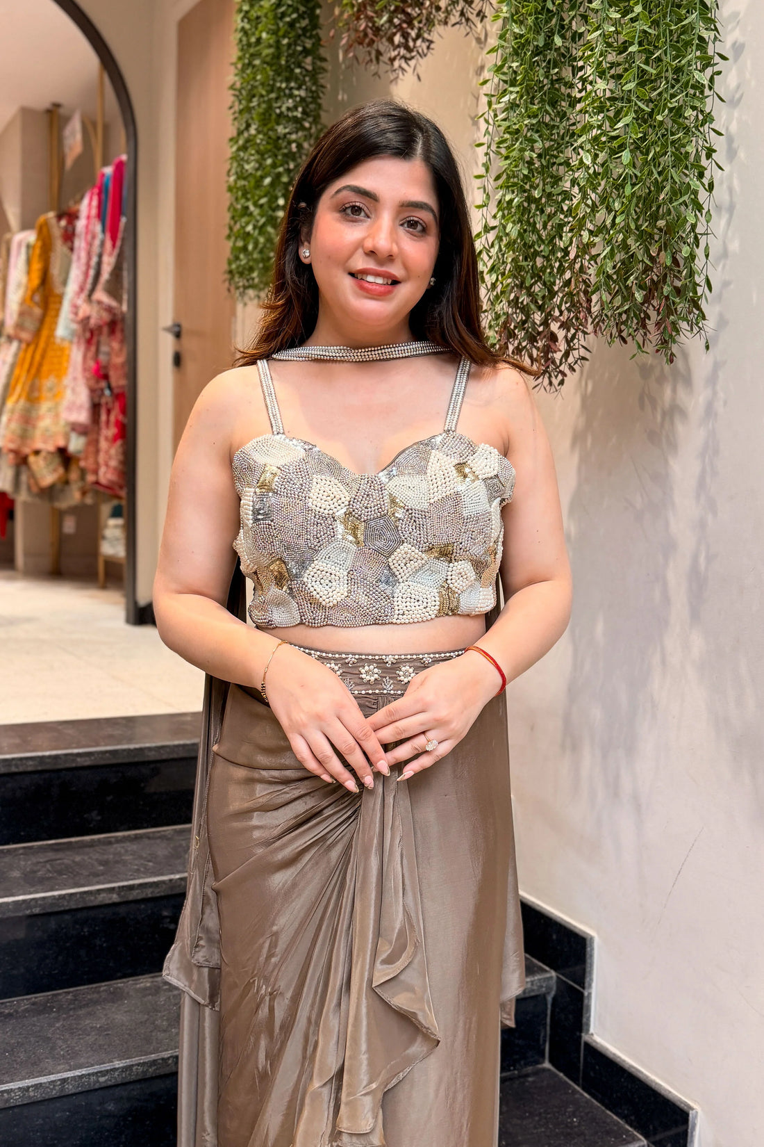 Henamontana Taupe Chinon Skirt Set Lehenga