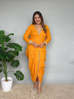 Yellow Rayon Bandhani Mirrorwork Skirt Set