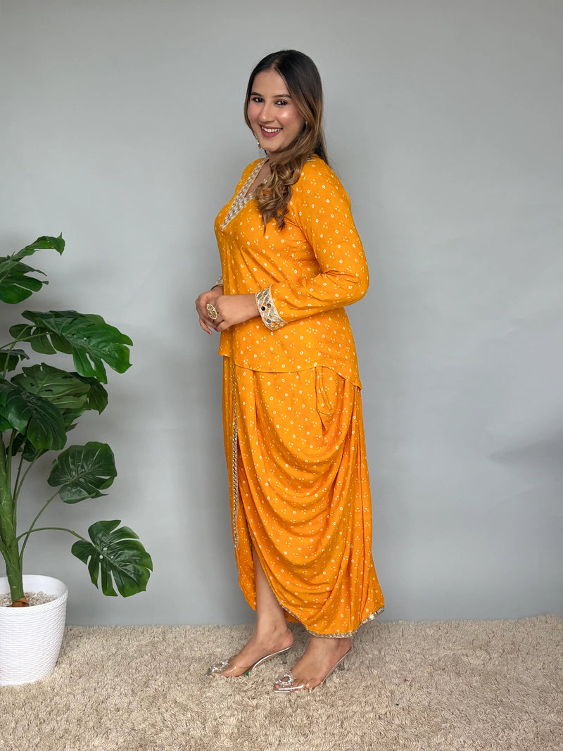 Yellow Rayon Bandhani Mirrorwork Skirt Set