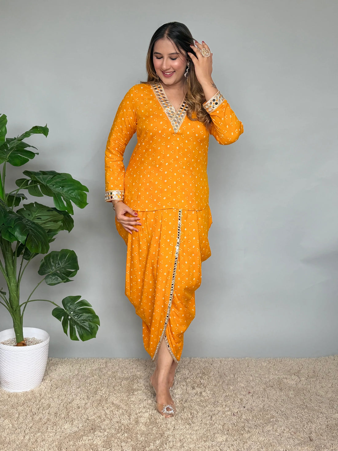 Yellow Rayon Bandhani Mirrorwork Skirt Set