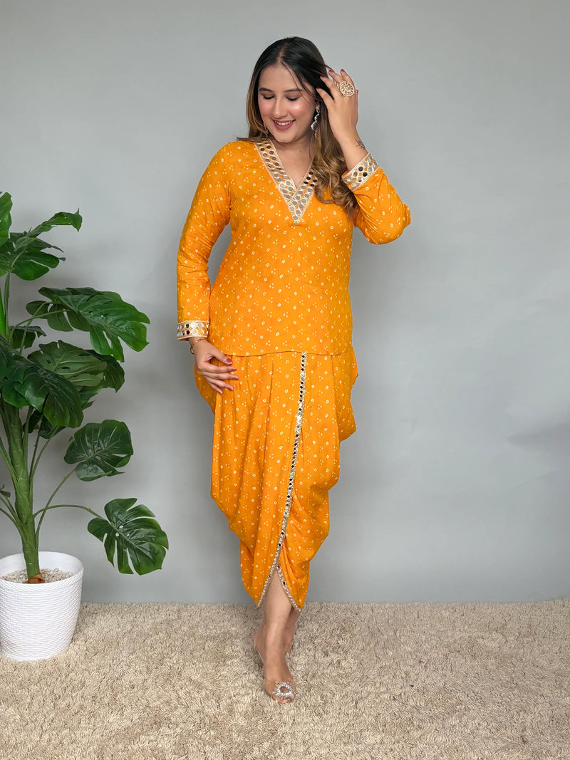 Yellow Rayon Bandhani Mirrorwork Skirt Set