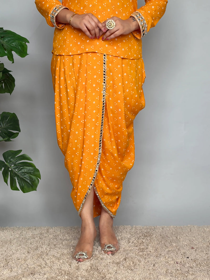 Yellow Rayon Bandhani Mirrorwork Skirt Set