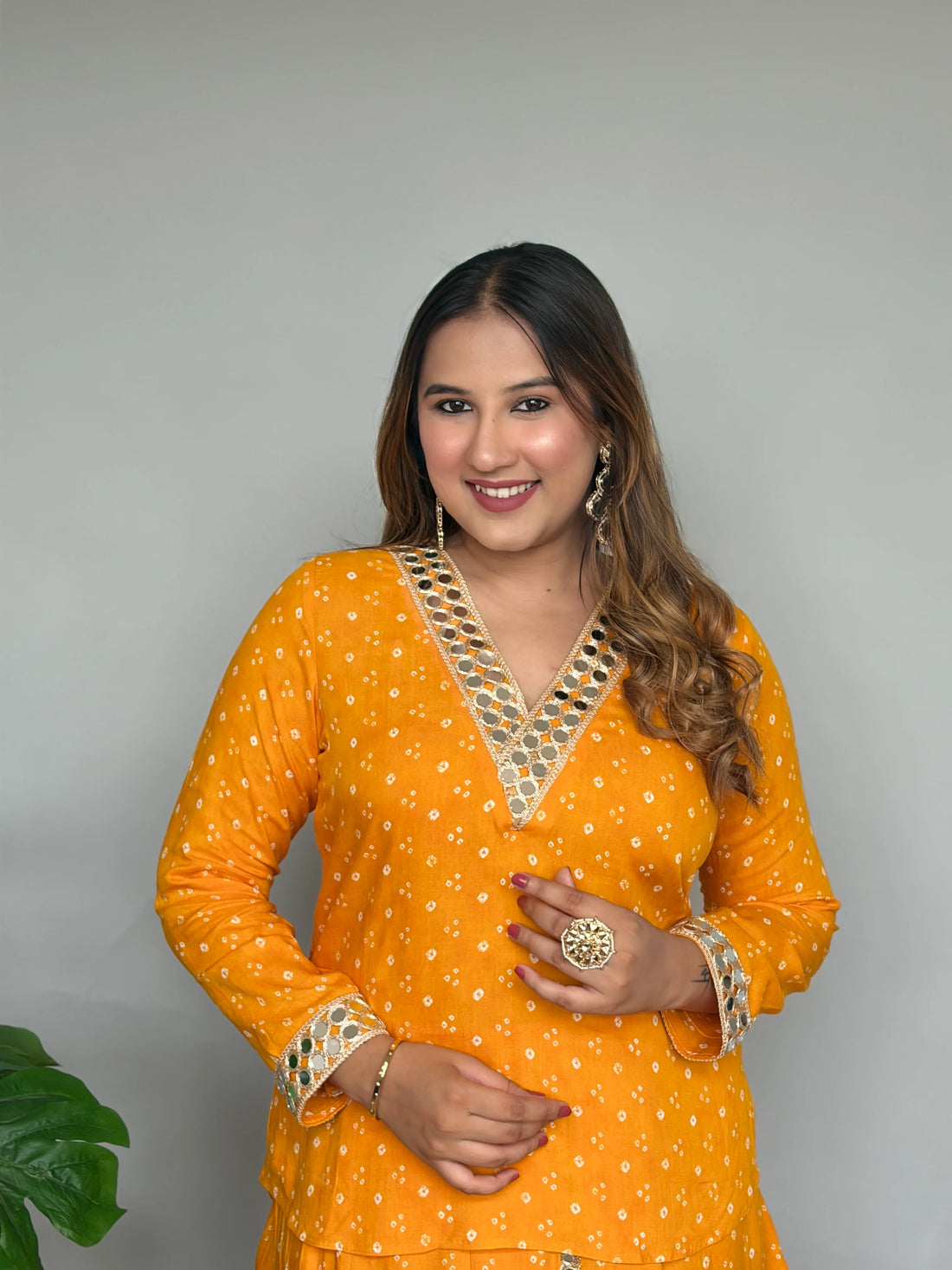 Yellow Rayon Bandhani Mirrorwork Skirt Set