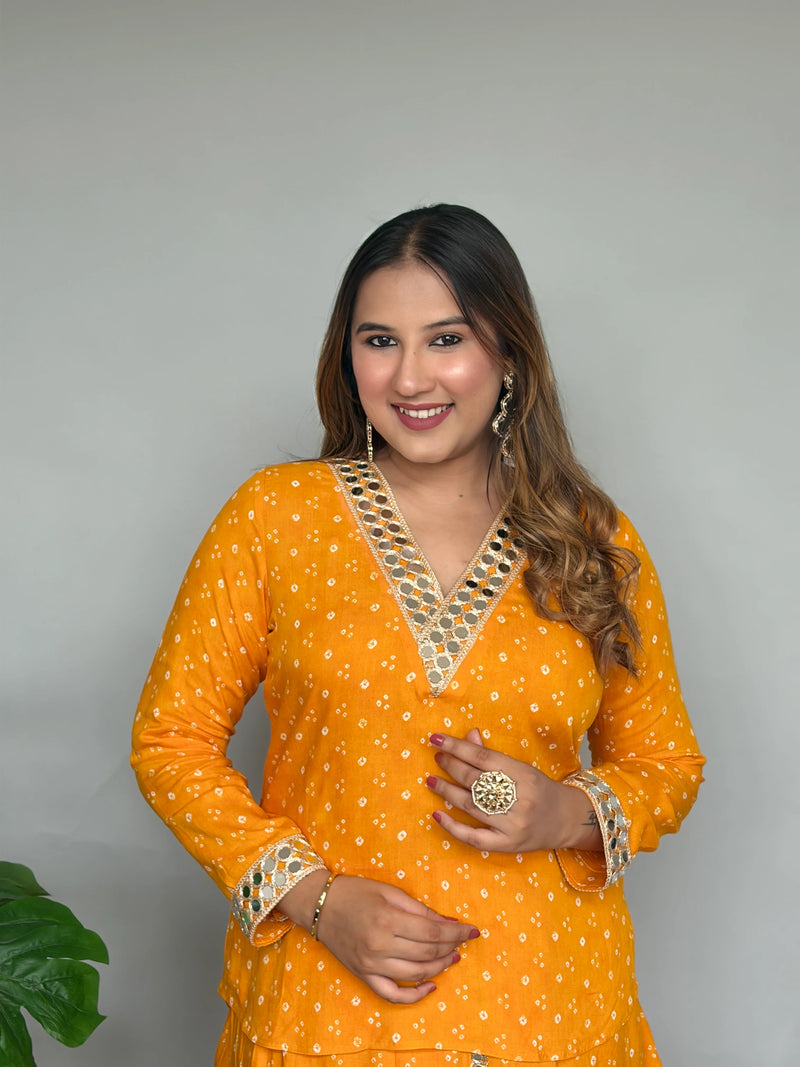 Yellow Rayon Bandhani Mirrorwork Skirt Set
