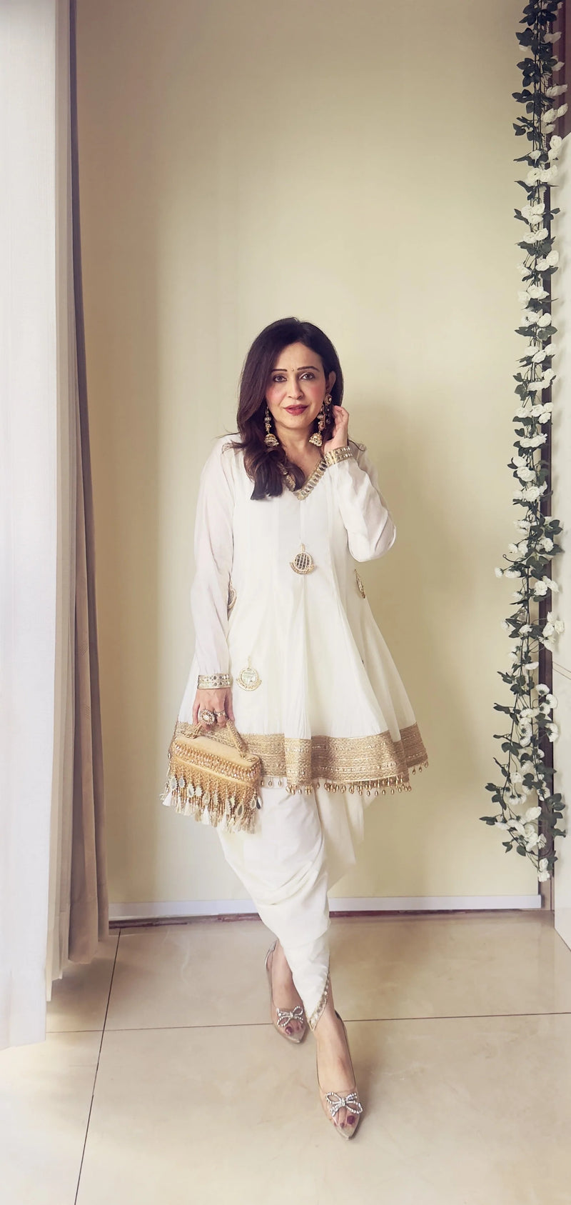 White Chanderi Silk Mirror Dhoti Kurta Set