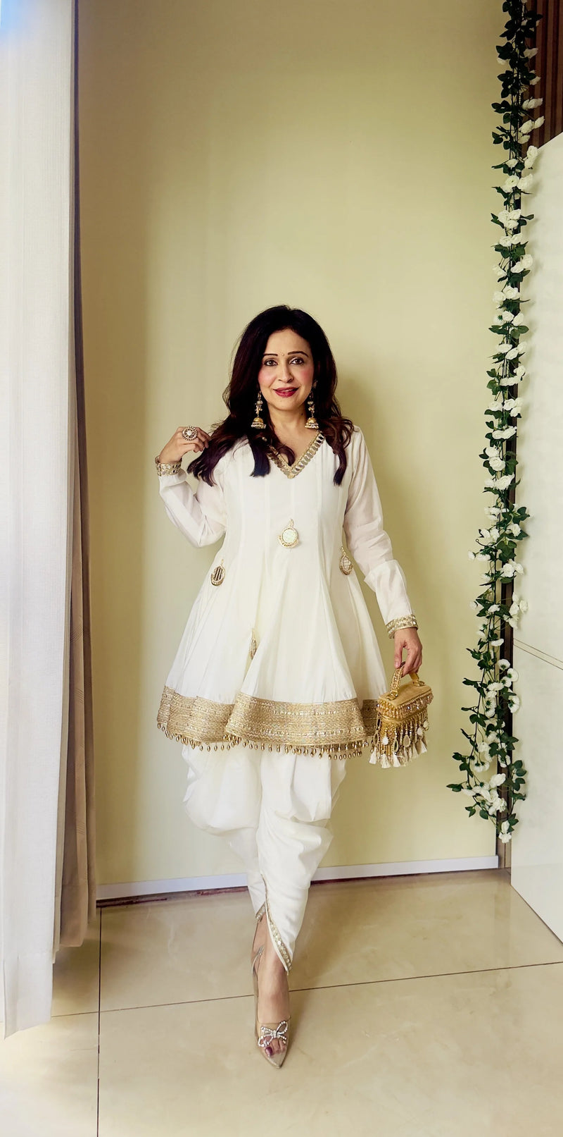 White Chanderi Silk Mirror Dhoti Kurta Set