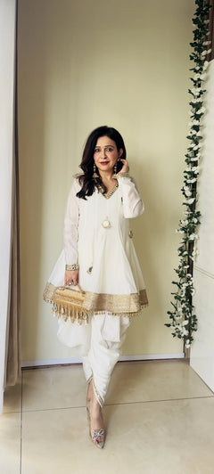 White Chanderi Silk Mirror Dhoti Kurta Set
