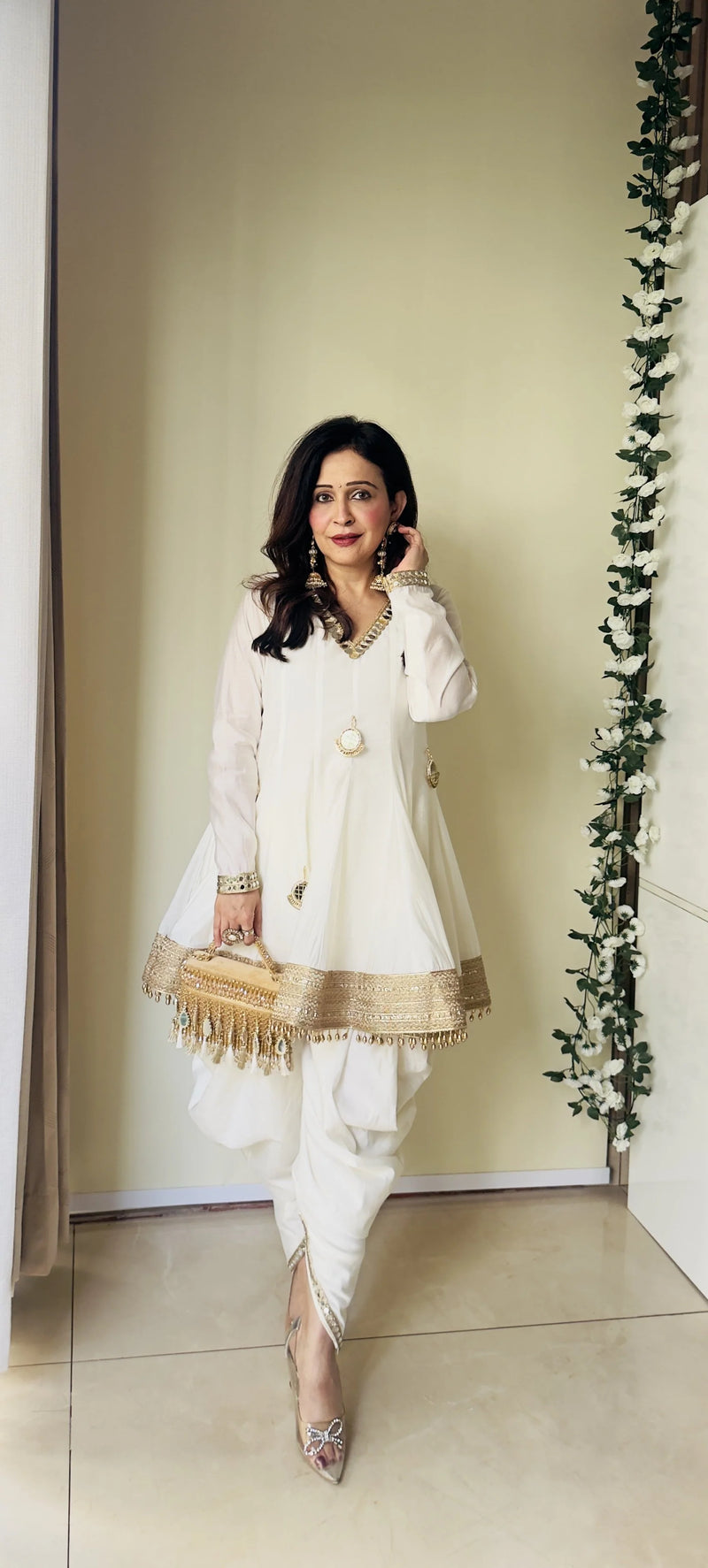 White Chanderi Silk Mirror Dhoti Kurta Set