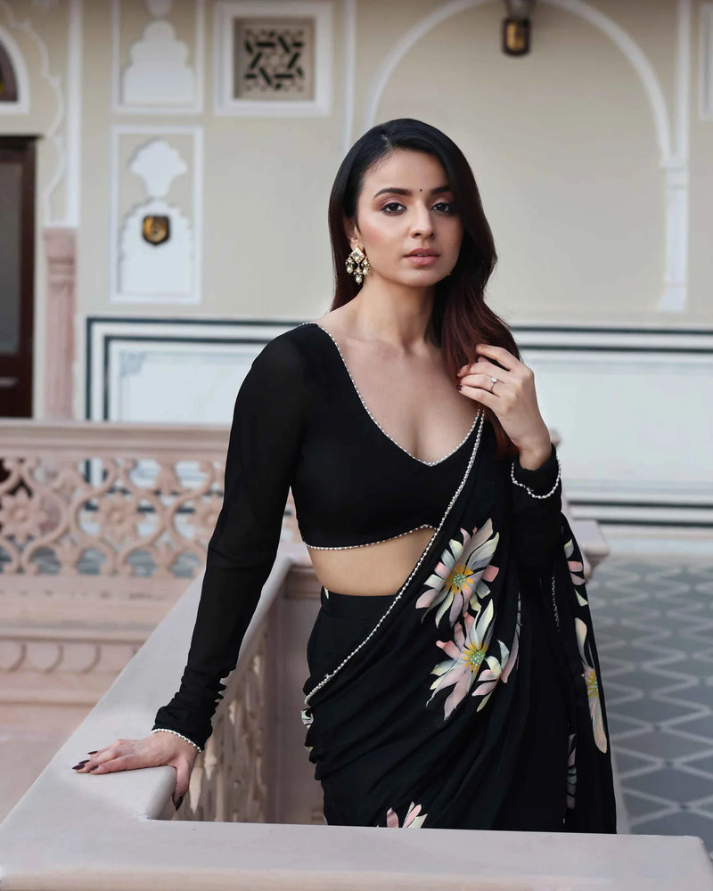 Black Handpainted Chinon Pre Draped Saree