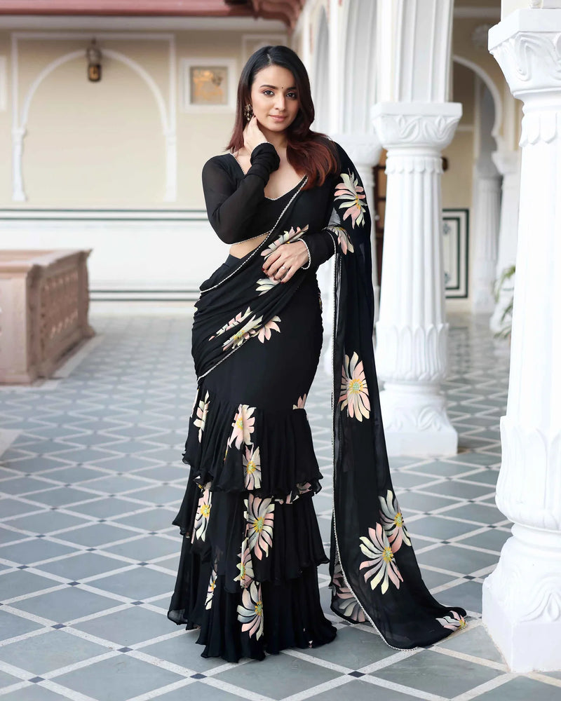 Black Handpainted Chinon Pre Draped Saree
