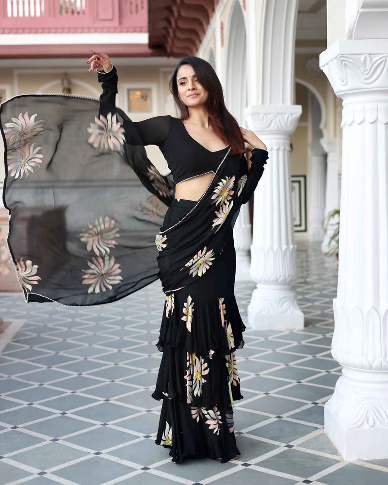 Black Handpainted Chinon Pre Draped Saree