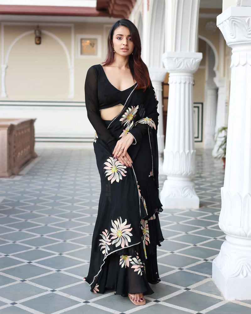 Black Handpainted Chinon Pre Draped Saree