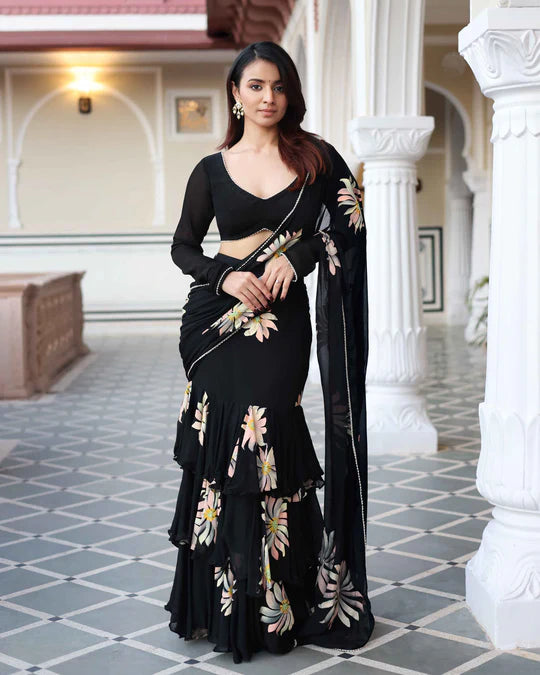 Black Handpainted Chinon Pre Draped Saree
