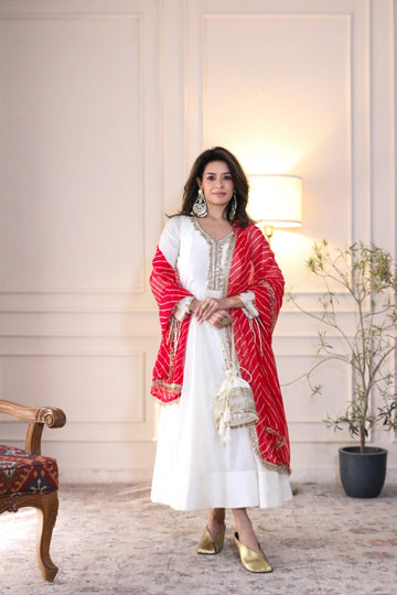 Ivory Chanderi Silk Suit with Leheriya Dupatta