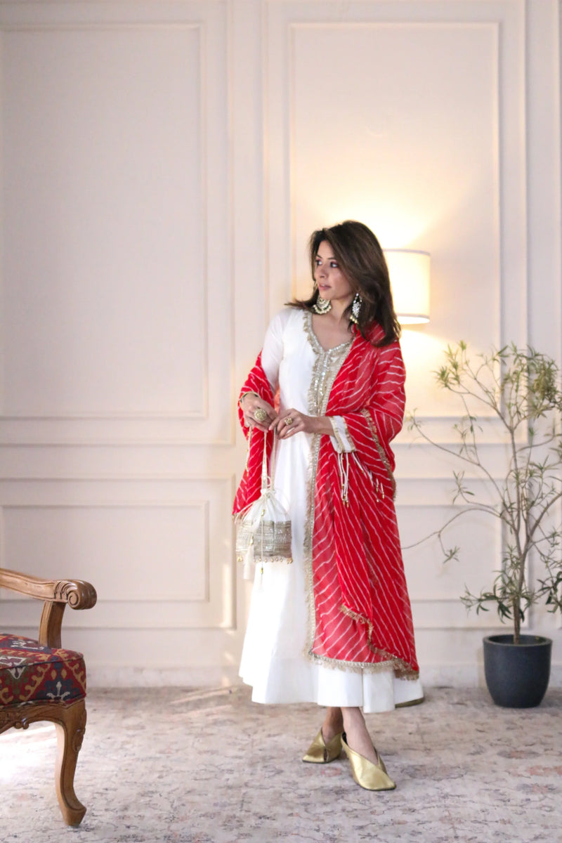 Ivory Chanderi Silk Suit with Leheriya Dupatta