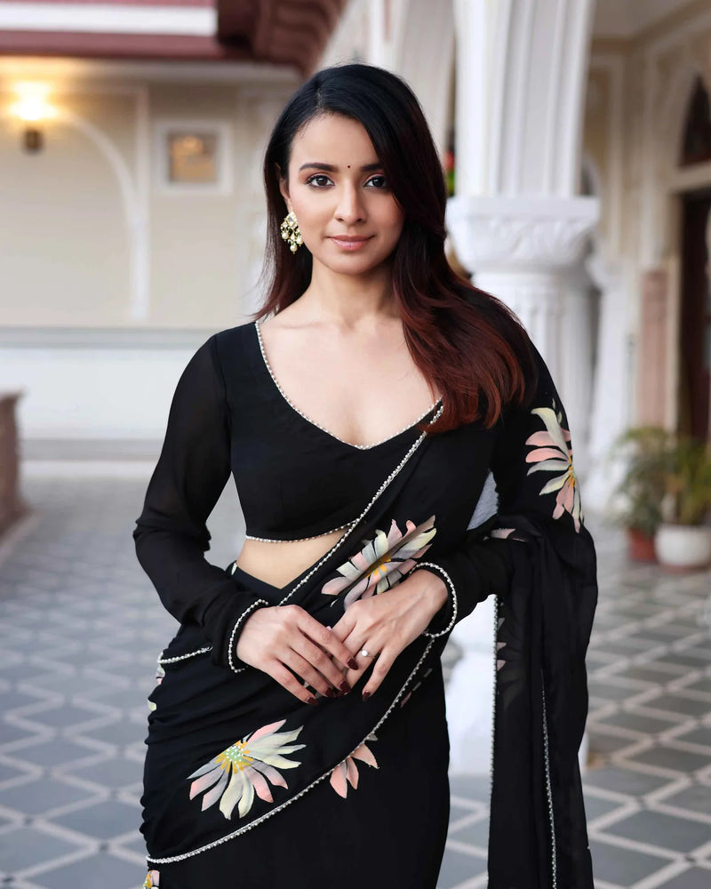 Black Handpainted Chinon Pre Draped Saree