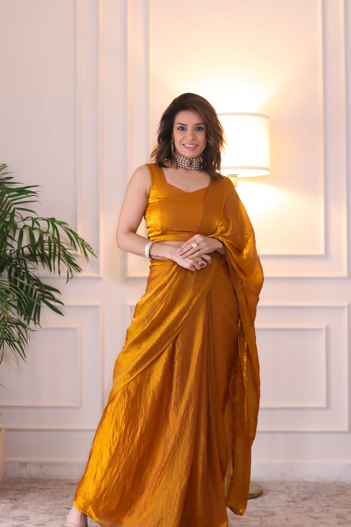 Gold Fendy Luxe Pre-draped Saree with blouse