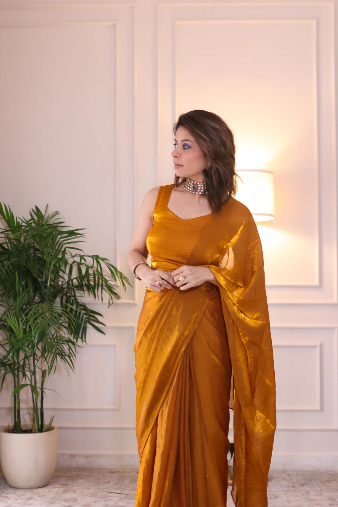 Gold Fendy Luxe Pre-draped Saree with blouse