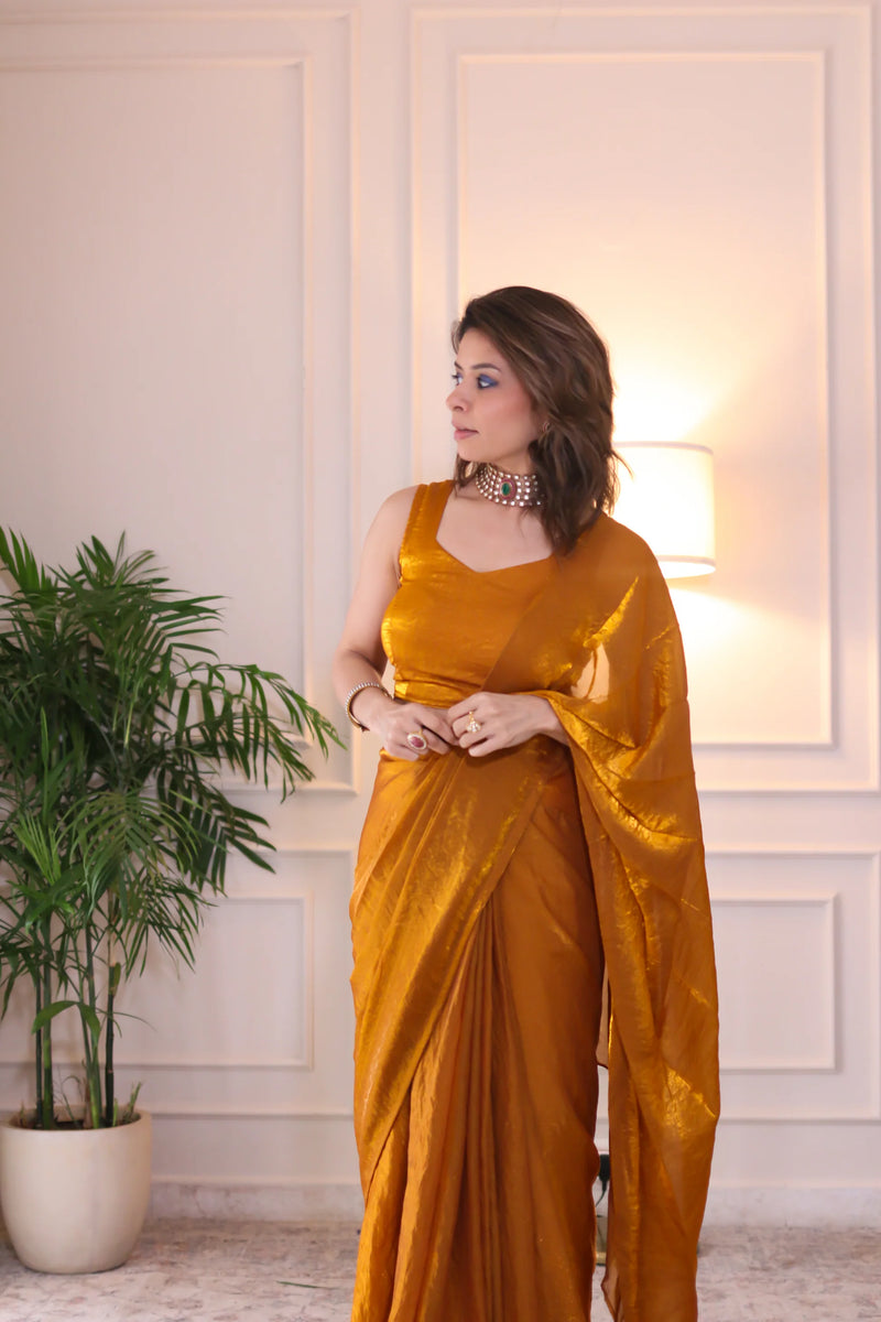 Gold Fendy Luxe Pre-draped Saree with blouse