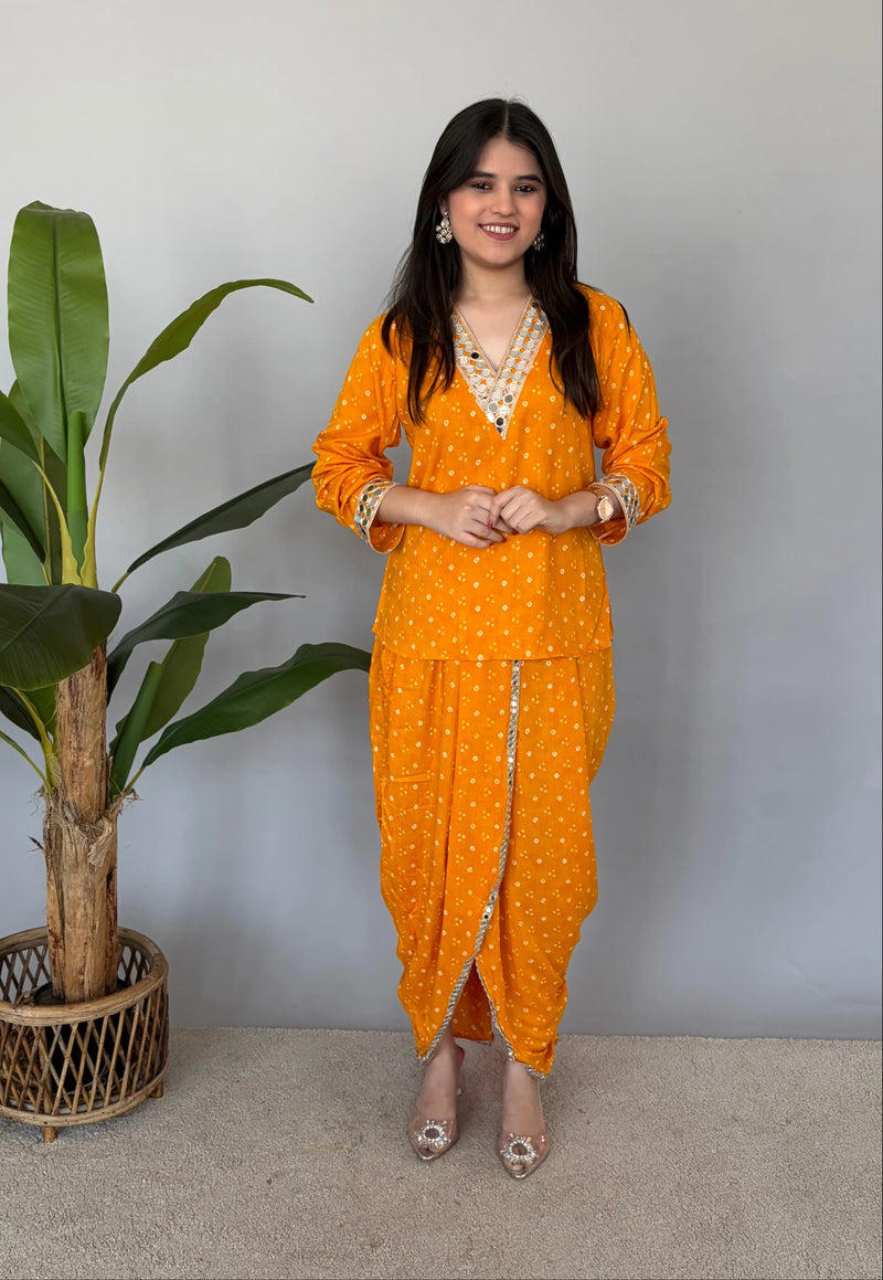Yellow Rayon Bandhani Mirrorwork Skirt Set